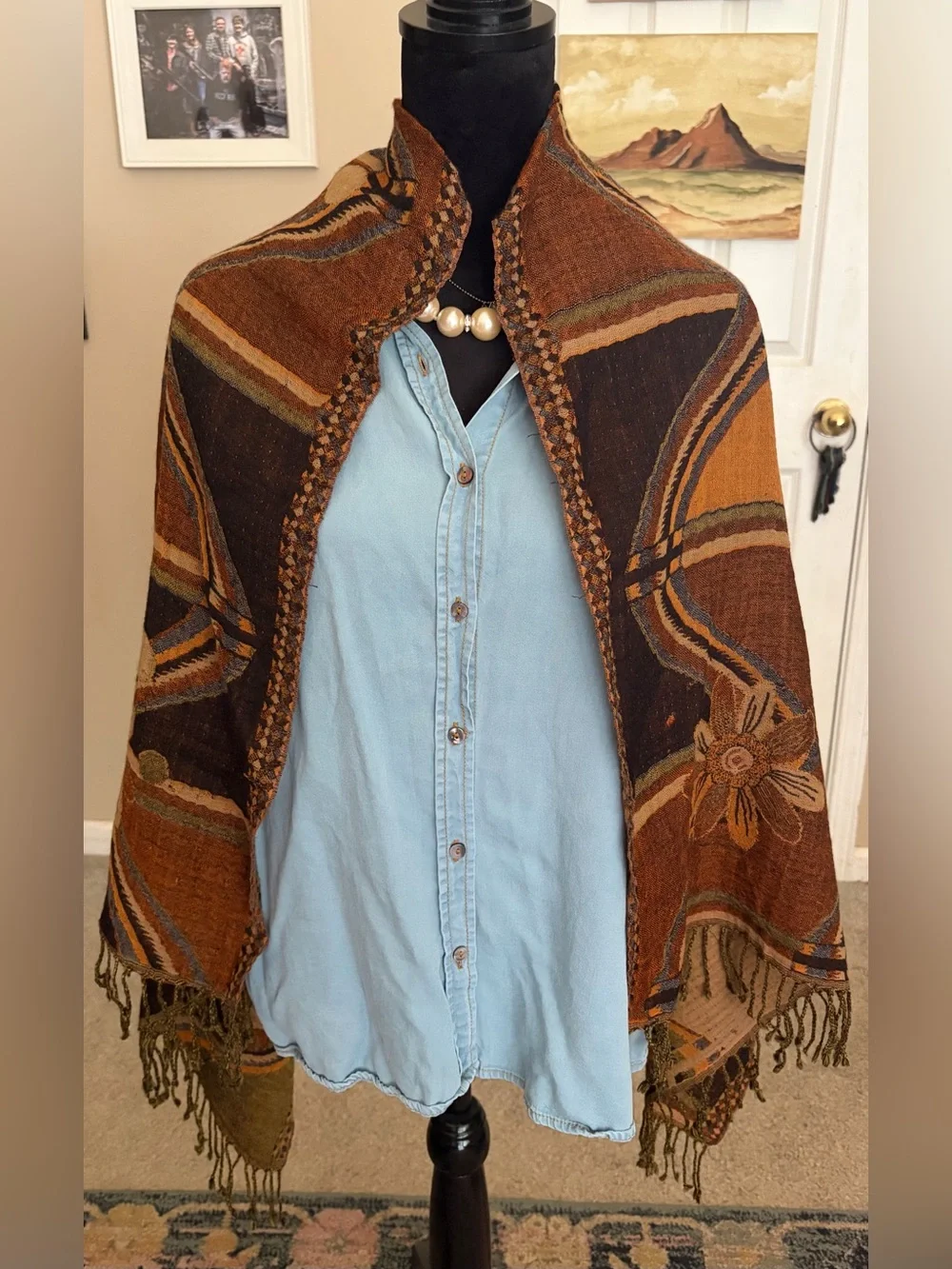Boho Woven Shawl Wrap in Rust & Olive